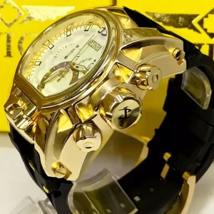 Relógio Masculino Invicta Zeus Magnum Linha Gold One Dourado fundo Branco Pulseira de Borracha Preta